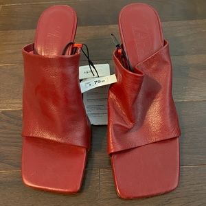 ZARA red soft leather square toe mule heels